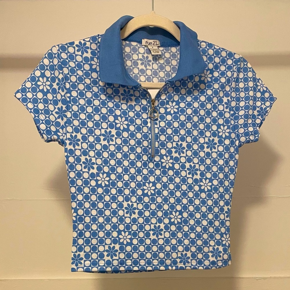 NWT Rue21 Funky Blue and White Checker Print Quarter Zip Top Women’s Size Small